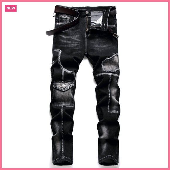 Men's Biker Moto Washed Distressed Slim Fit Straight Jeans Denim